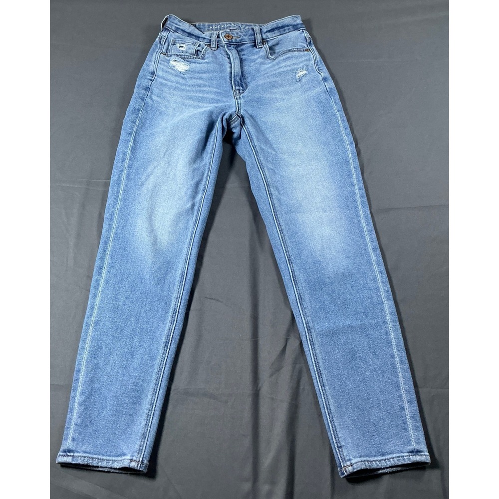 American Eagle High‎ Waisted Straight Leg Jeans Light Wash Distressed 00 Short